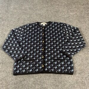 VTG Crystal‎ Kobe Sweater Womens Extra Large XL Blue Cardigan Houndstooth Retro